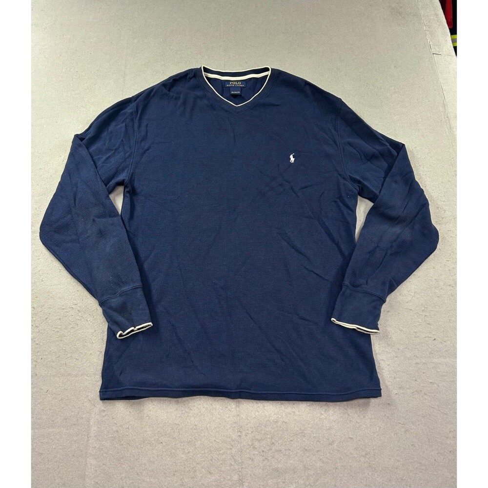 Polo Ralph Lauren Mens Waffle Knit V Neck Long Sleeve Shirt Thermal Blue 2XL
